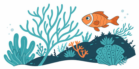 An orange fish swims near a coral reef with seaweed Vector ©  MST RABEYA  BEGUM