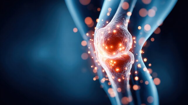 Artistic depiction of a human knee joint with glowing particles and a blue background.