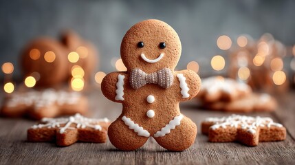 Obraz premium Festive gingerbread man cookie with bow tie and festive bokeh lights in background