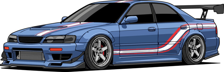 A blue sports car with red and white stripes is viewed from the side on a plain background. © Faisal