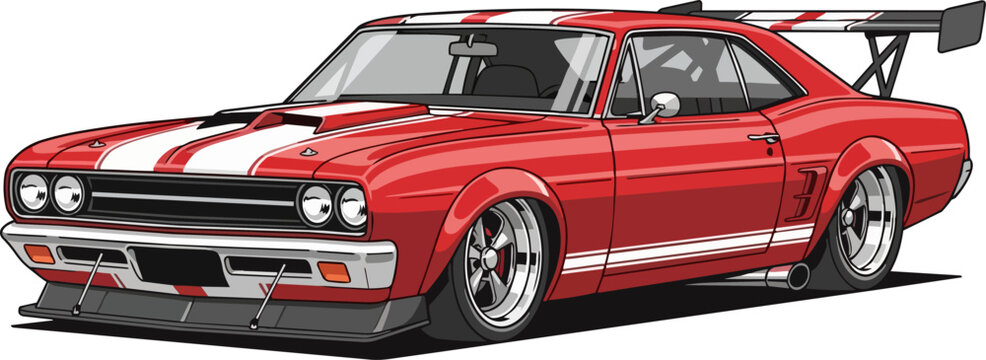 Vintage red muscle car with racing stripes and spoiler on a clean white background viewed from the front