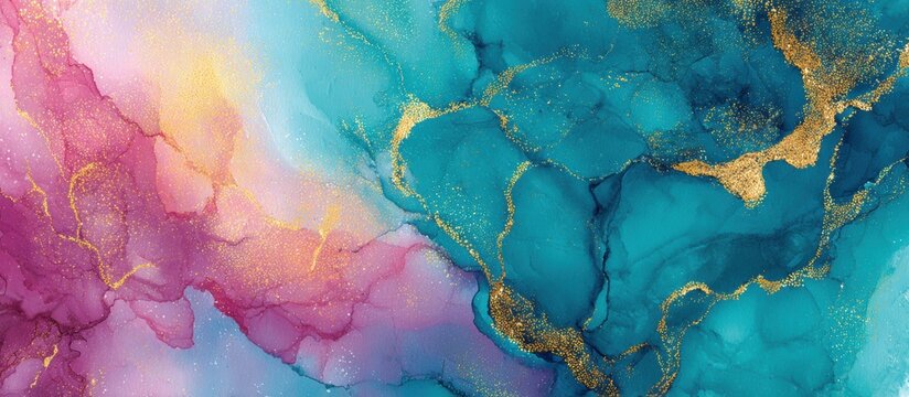 Abstract fluid art with vibrant gold, pink, and teal alcohol ink textures