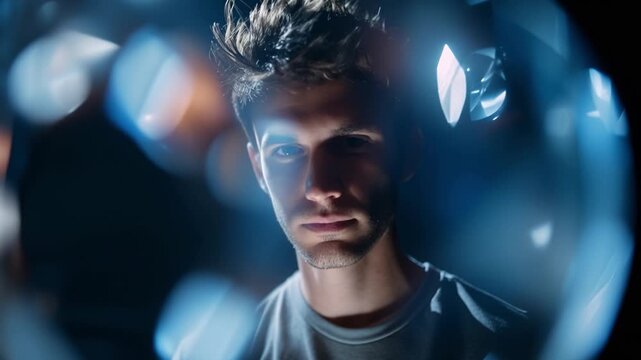 Darkened portrait of young man gazes through glass