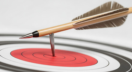 Close up view of arrow splitting another arrow on red bullseye target showing incredible marksmanship