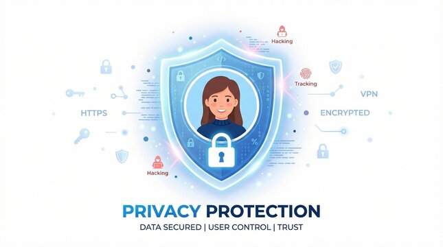 Woman protected by shield with padlock for data security and privacy