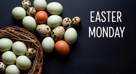 Colorful speckled eggs in a basket on black background with Easter Monday text brown white