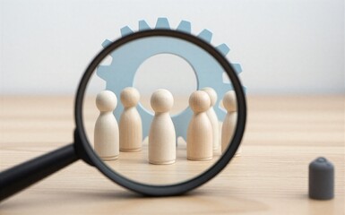 Fototapeta premium Magnifying glass examines wooden figures symbolizing teamwork and