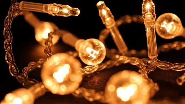 Close up of warm glowing string lights on a dark background