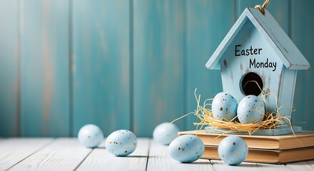 Blue wooden house with Easter Monday text and speckled eggs on a book