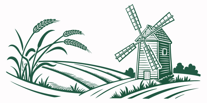 A green illustration of a windmill in a field of crops Vector