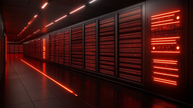 Futuristic data center with glowing red lights, secure server racks, modern technology interior