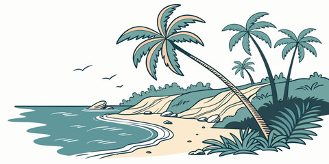 A serene beach scene with palm trees and calm waters Vector ©  MST RABEYA  BEGUM