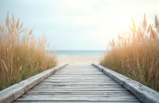 Wooden boardwalk path leads to sandy beach and ocean horizon. Tall dry grass lines walkway, under soft sun sky. Serene coastal nature background for travel.
