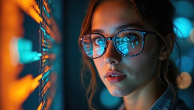 Young woman with glasses looks at bright digital screen with code. Screen reflects data and symbols in dark room. Female programmer works late at computer. Futuristic tech workplace.