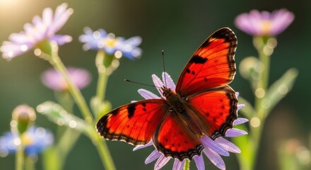 Obraz premium A vibrant red butterfly perched on a delicate purple flower, surrounded by a lush green meadow with wildflowers and tall grass swaying gently in the breeze.