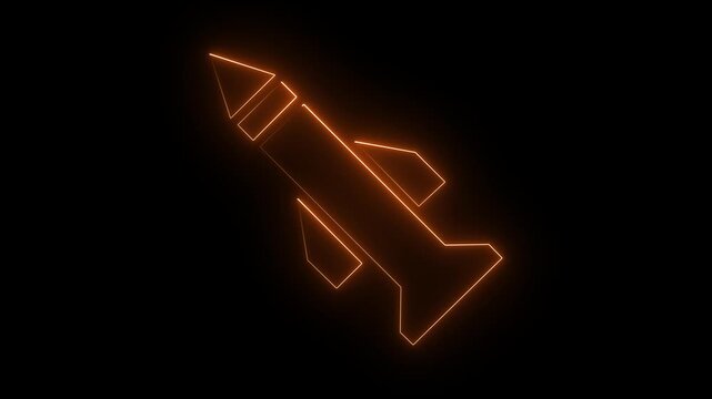 Neon orange color rocket icon on black background for technology and space concept. 4k animation video.