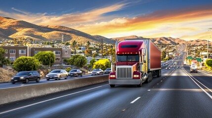Fototapeta premium Red semi-truck speeding down a highway during a beautiful sunset, delivering goods.