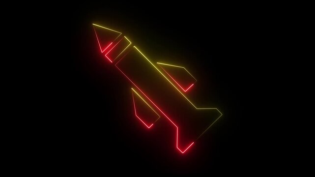 Neon red and yellow color rocket icon on black background for technology and space concept. 4k animation video.