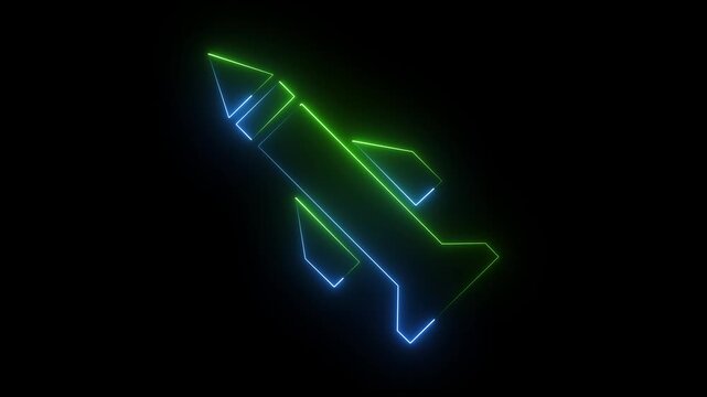 Neon blue and green color rocket icon on black background for technology and space concept. 4k animation video.