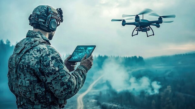 A soldier using a tablet to control a drone during a reconnaissance mission in a tactical field.