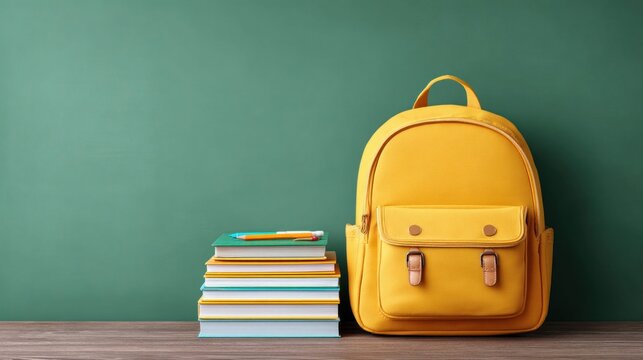 Bright yellow backpack and stack of books with pencil on wooden table against green background