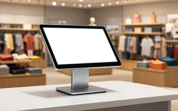Modern tablet kiosk in a brightly lit clothing store with colorful