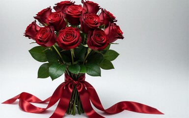 A vibrant bouquet of red roses tied with a matching ribbon elegant