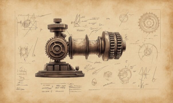 Detailed illustration of a mechanical gear system, complete with blueprints and intricate details.