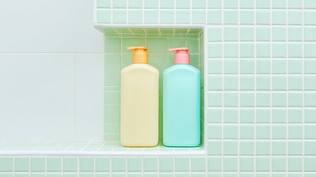 Liquid soap and shampoo bottles standing in a recessed wall shelf niche with mint green tiles in a bright modern bathroom, cosmetic mockup for skincare brand presentation