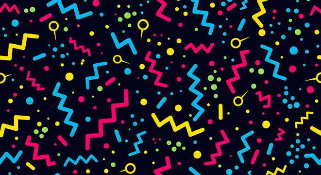 Colorful Memphis style seamless pattern with geometric shapes and zigzags