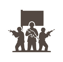 Obraz premium three soldiers with guns and a flag in a military operation