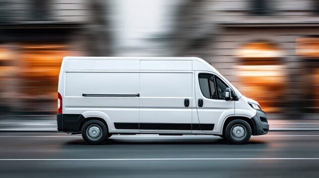 White cargo van speeding down a blurred city street with motion blur effect
