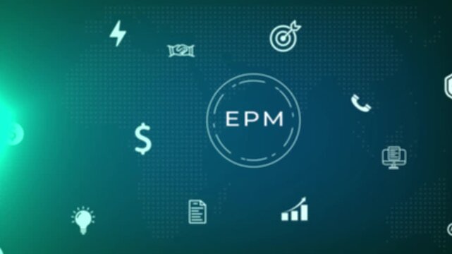 Digital business concept with EPM acronym in a glowing circle surrounded by various business and finance on a dark blue and teal gradient background with a bright light flare Keywords: business