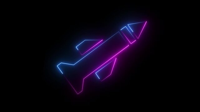 Neon blue and violet color rocket icon on black background for technology and space concept. 4k animation video.