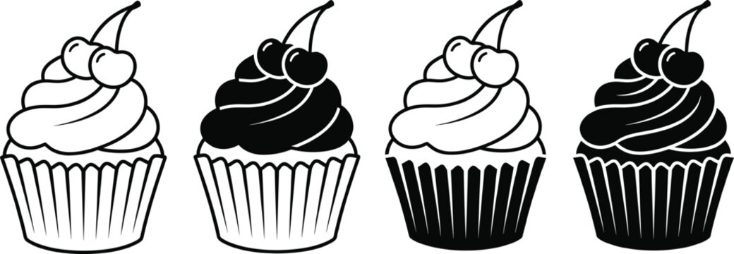 Cupcake icons with cherry topping, featuring outline, silhouette, and filled styles for bakery menu, dessert design, sweet pastry, and food logo,