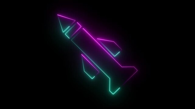 Neon navy blue and violet color rocket icon on black background for technology and space concept. 4k animation video.