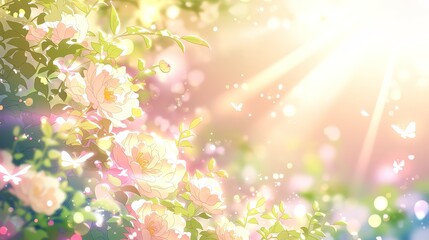 Fototapeta premium Dreamy peonies and butterflies painting light pink colors soft focus background detailed petals naturecore style