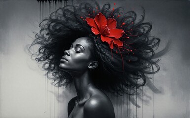 Fototapeta premium A woman with flowing black hair and a red flower eyes closed in