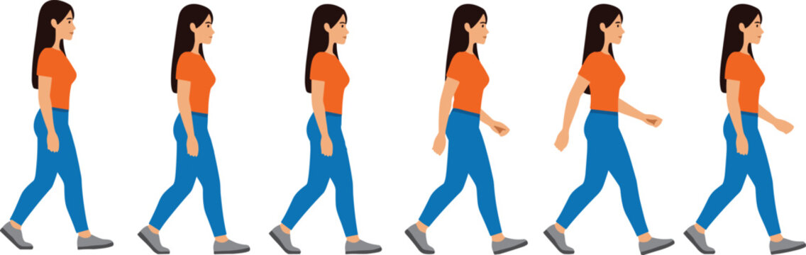 Young woman walking, female character animation sequence, side view of girl in orange shirt and blue jeans, vector