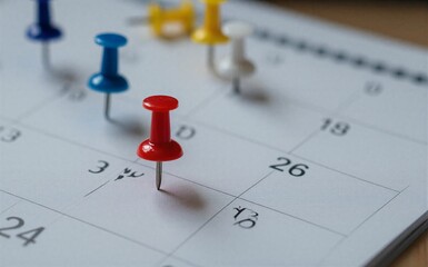 Red pin marks date on calendar surrounded by colorful pins indicating