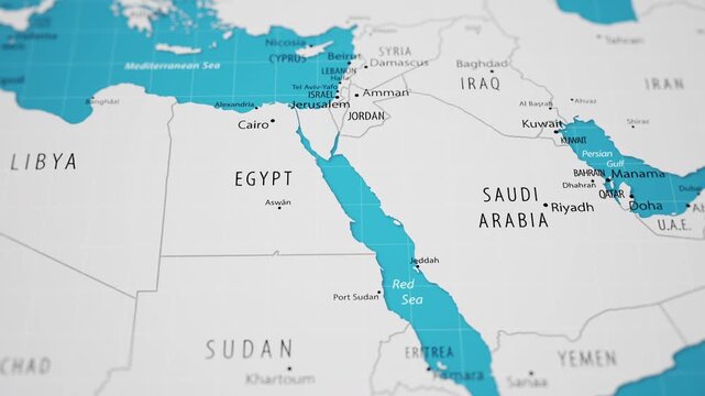 Middle East on a detailed political map of the world. Movement from Egypt and the Red Sea through the Arabian Peninsula and the Persian Gulf toward Iran and the Caspian Sea.