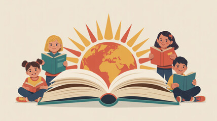 Children reading books around a giant open book with the earth and sun in the background symbolizing education and learning