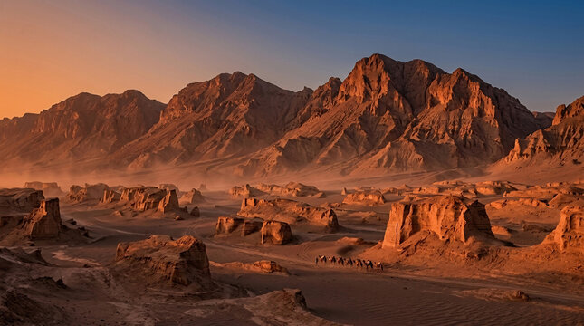 Lut Desert Iran at golden hour sunset with camel caravan, sandstone rock towers, tall mountain range, orange sky.