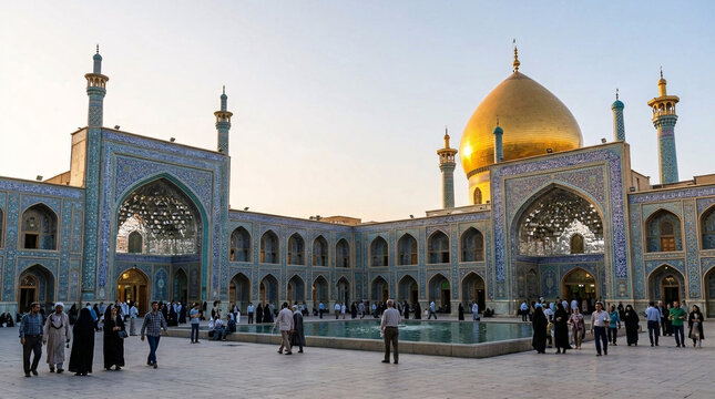 Shrine of Imam Reza Mashhad Iran courtyard with golden dome, blue tile facades, pilgrims walking around central pool.