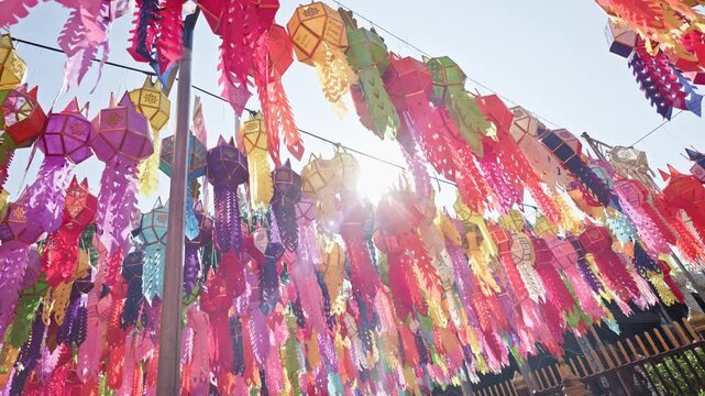 Colorful Lanna Paper Lanterns Hanging in Chiang Mai During Yi Peng Festival
