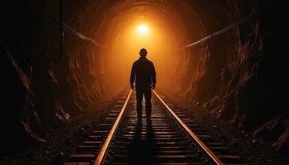 Fototapeta premium Miner stands on train tracks inside dark tunnel. Bright light shines at end of underground mine shaft. Worker waits for transport, hopes for escape from deep mine.