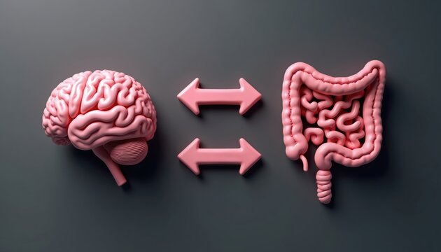 Pink brain and intestines models show connection. Arrows indicate bi-directional communication between mind and gut. Concept for gut-brain axis health and psychology research.