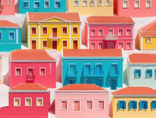 Naklejka premium Colorful Mediterranean neoclassical houses on a coastal hill featuring vibrant facades and terracotta roofs for luxury real estate and tourism advertising concepts