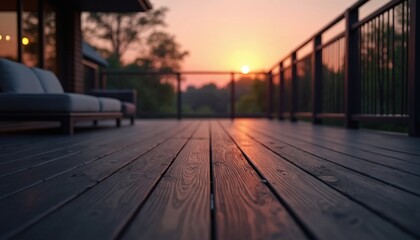 Fototapeta premium Wooden deck at twilight with sunset glow. Outdoor seating area offers quiet place for relaxation and enjoying nature views. Minimalist home exterior design.