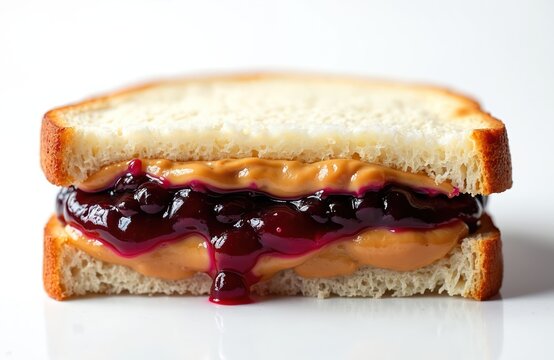 Thick peanut butter and dark jelly ooze from white bread sandwich stack. Classic American comfort food snack prepared for quick meal. Juicy jam drips from delicious food.